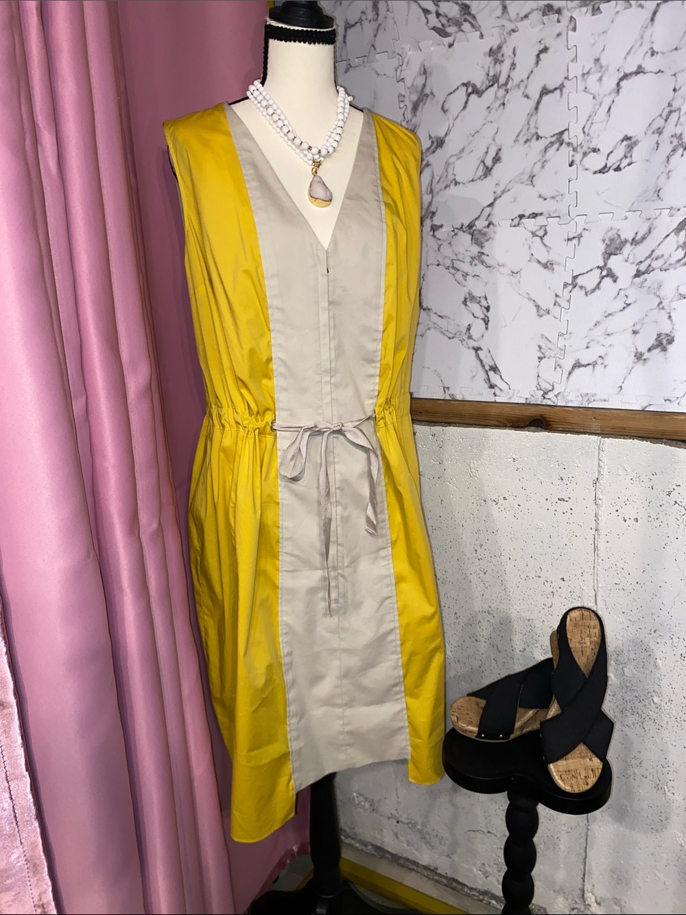 Tahari Yellow and Beige V-Neck Drawstring Tank Dress